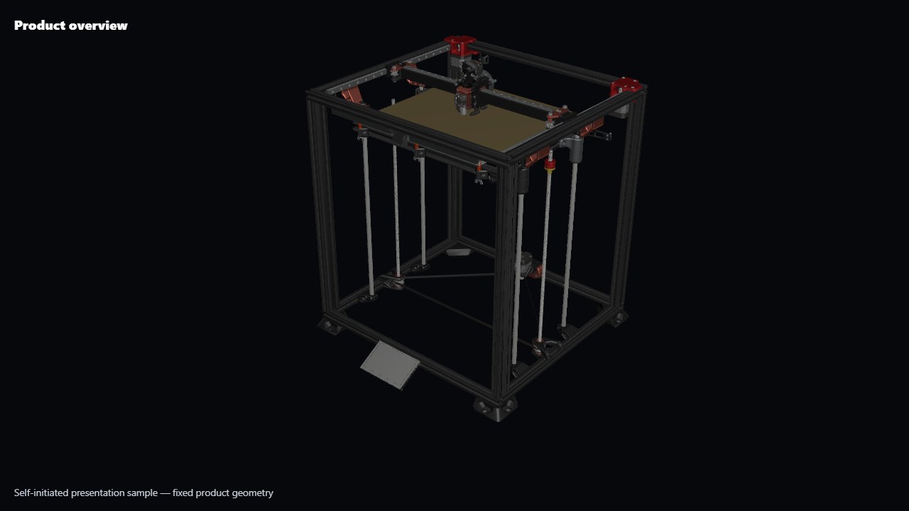 Opening view of the Fabricator product animation showing the complete printer